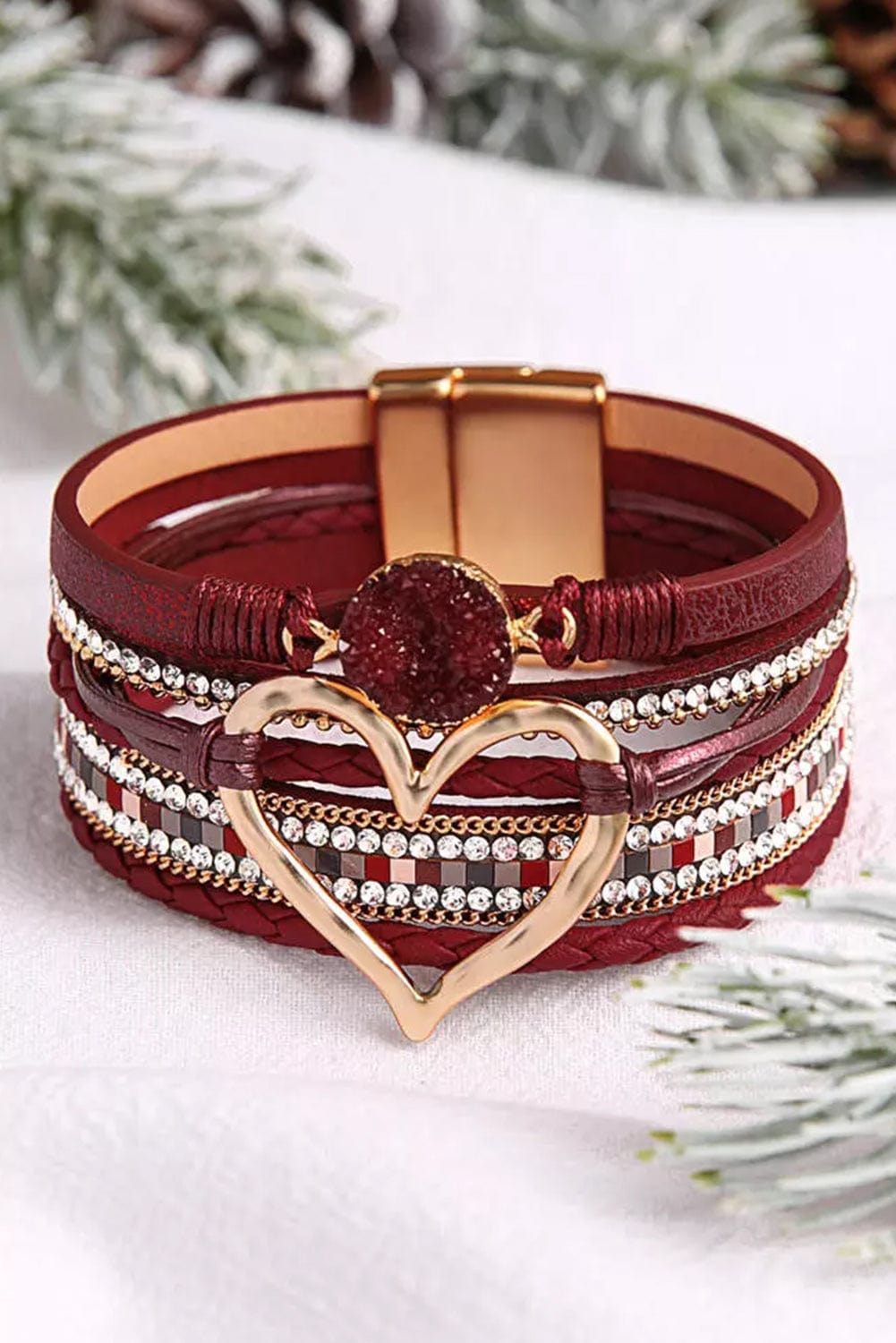 Fiery Red Heart Rhinestone Layered Valentine's Bracelet