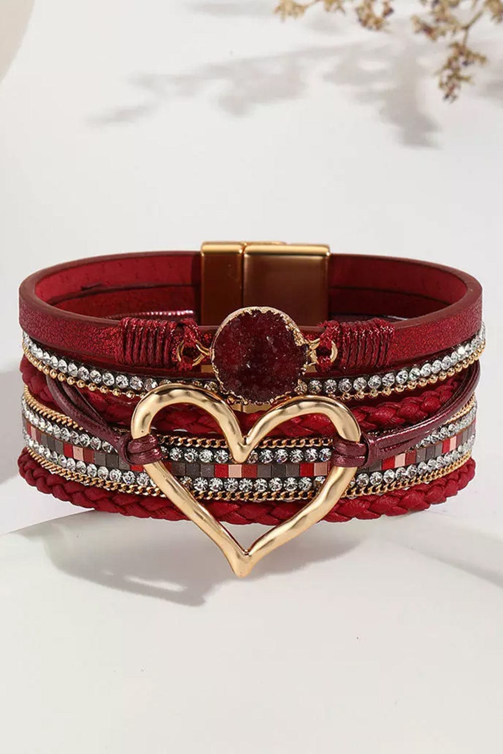 Fiery Red Heart Rhinestone Layered Valentine's Bracelet