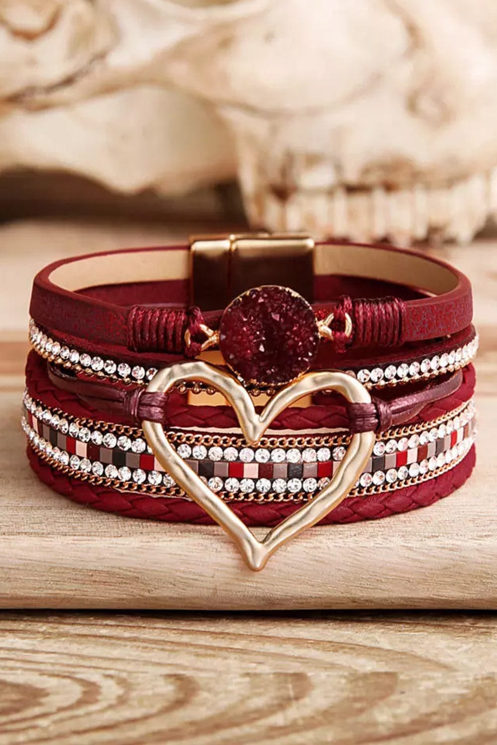 Fiery Red Heart Rhinestone Layered Valentine's Bracelet