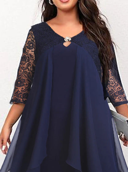 Women‘s Plus Size Curve Work Dress Chiffon Dress Swing Dress Long Dress Maxi Dress 3/4 Length Sleeve Lace Layered V Neck Outdoor Summer Spring Wedding Guest Dress