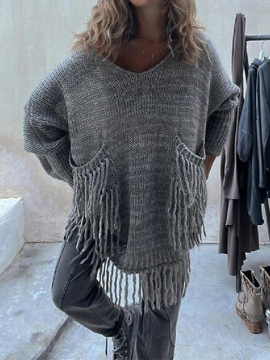 Women's Pullover Sweater Jumper Crew Neck Ribbed Knit Polyester Pocket Tassel Knitted Fall Winter Long Outdoor Daily Going out Fashion Streetwear Casual Long Sleeve Solid Color Camel Green Grey S / M