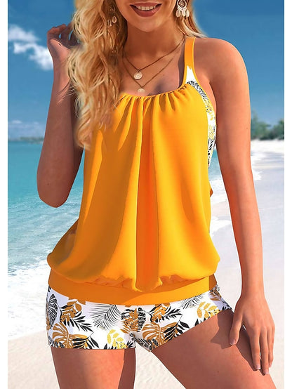 Women's Swimwear Tankini 2 Piece Plus Size Swimsuit 2 Piece Printing Leopard Floral Light Blue Black Navy Blue Blue Orange Tank Top High Neck Bathing Suits Sports Summer - LuckyFash™