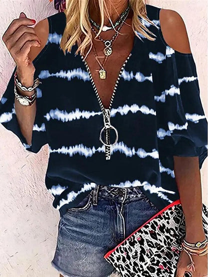 Women's Shirt Blouse Tie Dye Daily Cut Out Print Quarter Zip Navy Blue Long Sleeve Casual V Neck Spring & Summer