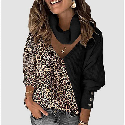 Women's Pullover Sweater Jumper Turtleneck V Neck Ribbed Knit Button Thin Hole Drop Shoulder Fall Winter Daily Going out Stylish Casual Long Sleeve Leopard Color Block Maillard Black White Wine S M L