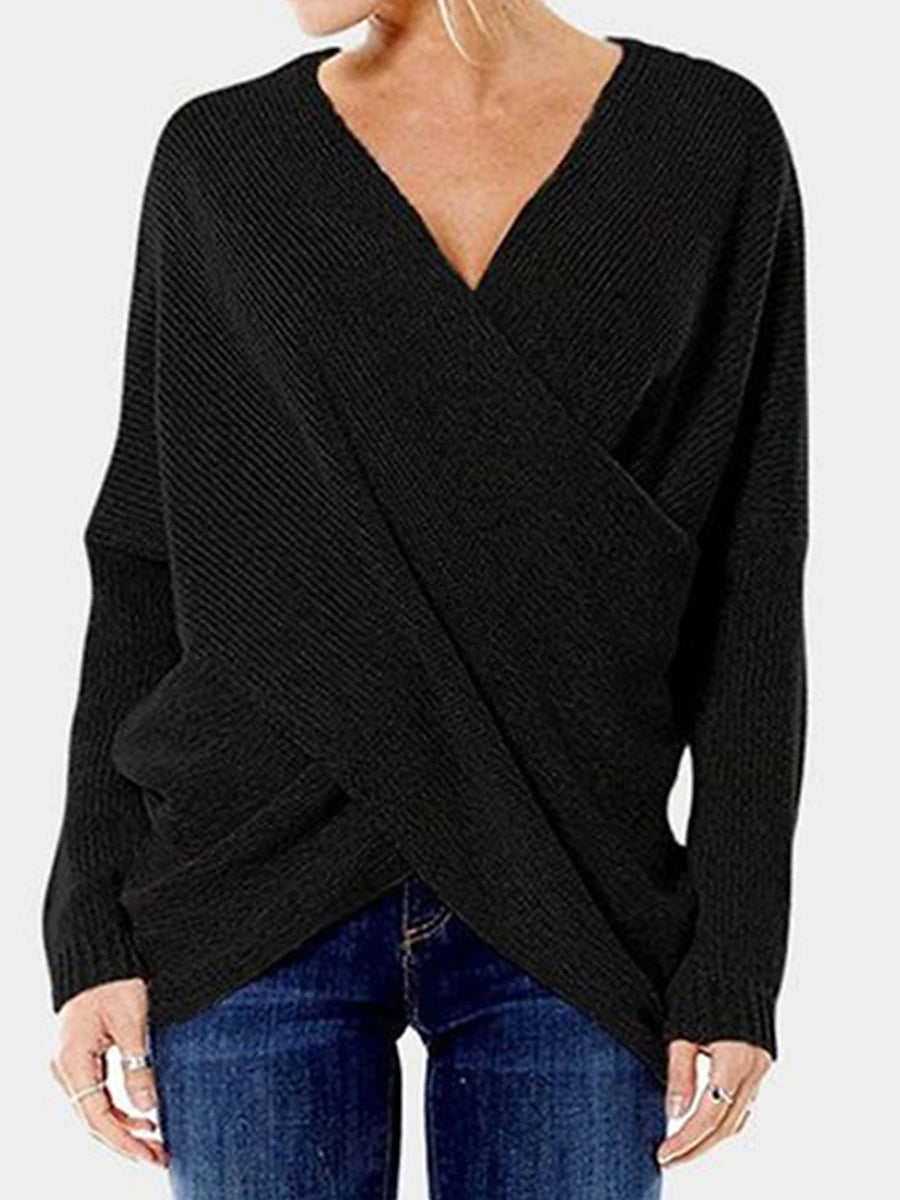 Women's Pullover Sweater Jumper V Neck Ribbed Knit Cotton Blend Criss Cross Fall Winter Regular Outdoor Daily Going out Stylish Casual Soft Long Sleeve Solid Color Khaki Gray S M L