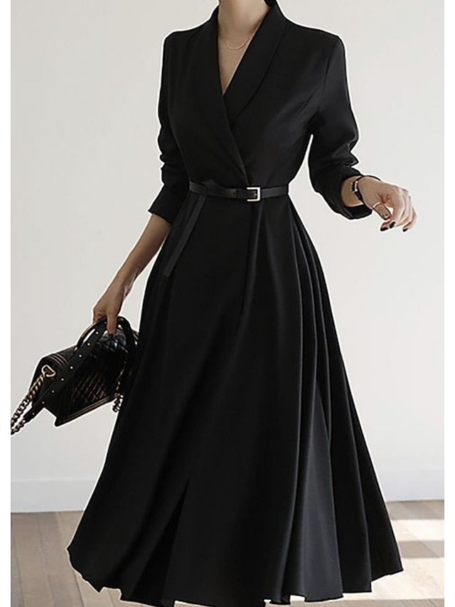 Women's Work Dress Blazer Dress Black Dress Midi Dress Black Long Sleeve Pure Color With Belt Winter Fall Spring Shirt Collar Fashion Wedding Winter Dress Office 2023 S M L XL 2XL 3XL - LuckyFash™