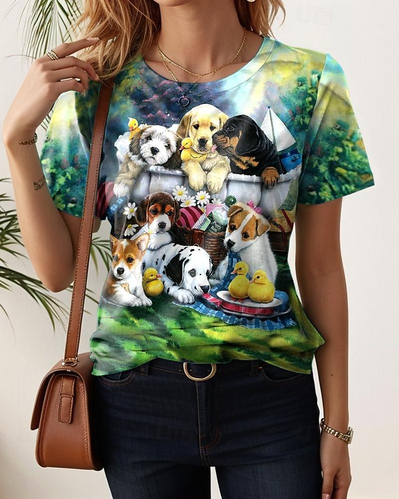 Women's T shirt Tee Animal Dog Daily Green Short Sleeve Stylish Crew Neck Summer