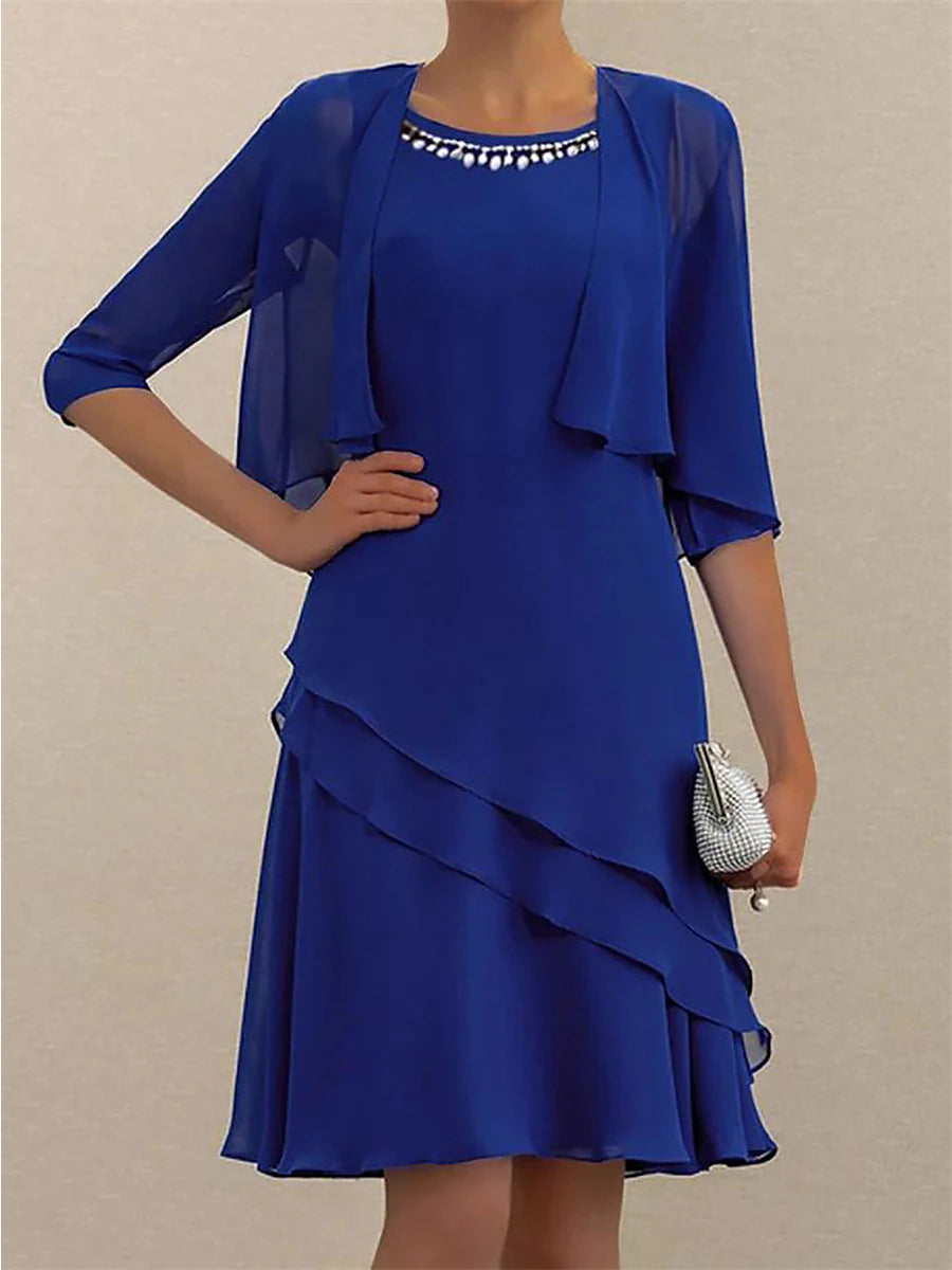 Women's Two Piece Dress Set Work Dress Wedding Guest Dress Chiffon Dress Office Wedding Guest Elegant Fashion Ruffle Patchwork Mini Dress Crew Neck Half Sleeve Plain Regular Fit Blue Summer Spring S