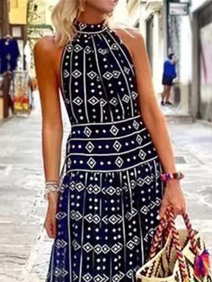 Women's Casual Dress A Line Dress Summer Dress Geometric Print Halter Long Dress Maxi Dress Fashion Streetwear Outdoor Street Sleeveless Loose Fit Navy Blue Summer Spring S M L XL XXL - LuckyFash™