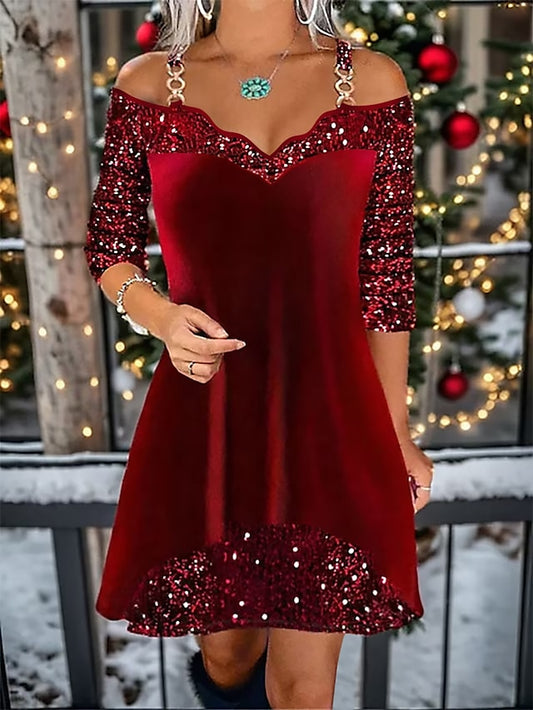 Women's Velvet Dress Sequin Dress Winter Dress Mini Dress Cotton Cold Shoulder Party Date Streetwear V Neck Long Sleeve Wine Gold Green Color