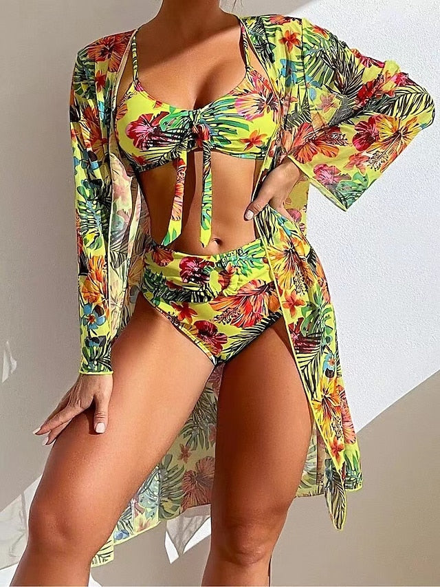 Women's Swimwear Bikini Normal Swimsuit 3-Piece Printing Floral White Yellow Blue Gray Bathing Suits Sports Beach Wear Summer - LuckyFash™