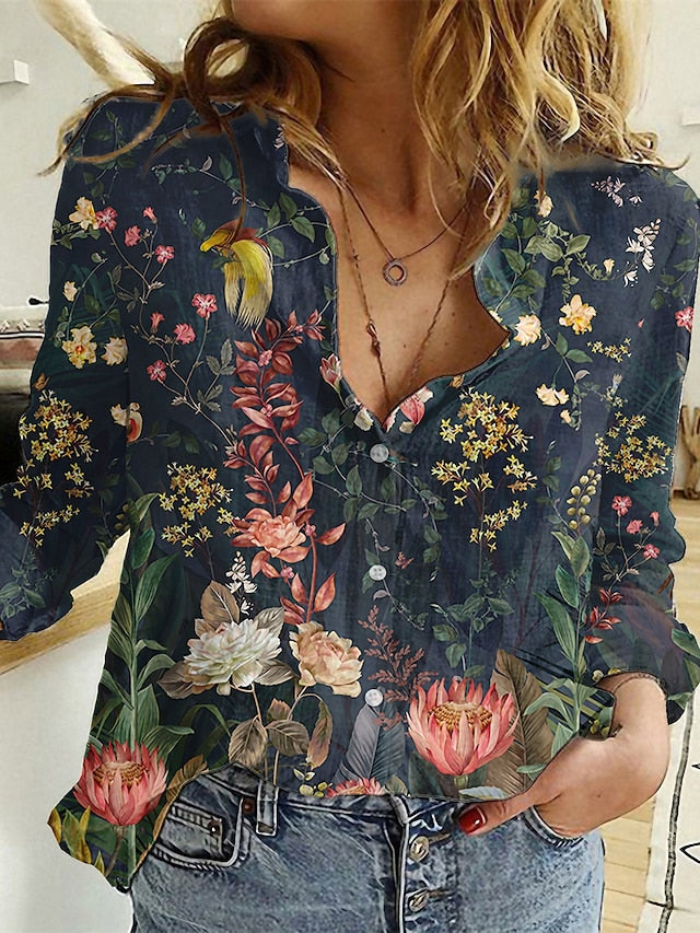 Women's Shirt Blouse Black Pink Army Green Graphic Floral Button Print Long Sleeve Daily Weekend Tropical Vintage Shirt Collar Regular Floral S