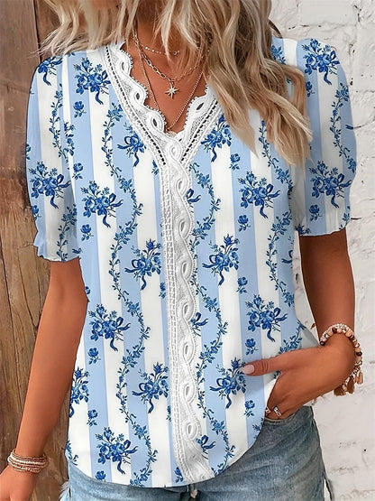 Women's Shirt Lace Shirt Blouse Floral Daily Lace Patchwork Print Navy Blue Short Sleeve Stylish Modern V Neck Summer Spring