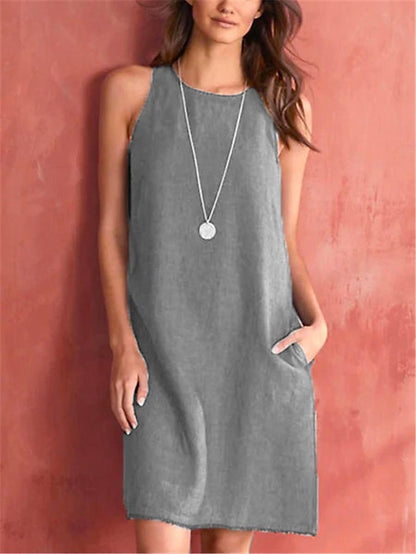 Women's White Dress Casual Dress Tank Dress Midi Dress Linen Pocket Vacation Basic Crew Neck Sleeveless White Pink Burgundy Color