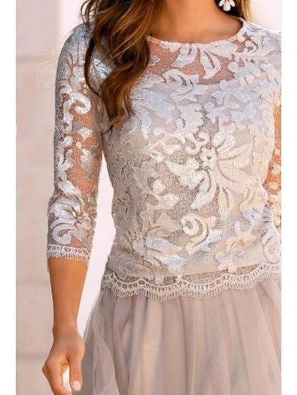 A-Line Mother of the Bride Dress Wedding Guest Elegant See Through Jewel Neck Knee Length Chiffon Lace Tulle 3/4 Length Sleeve with Pleats Appliques 2023 - LuckyFash™