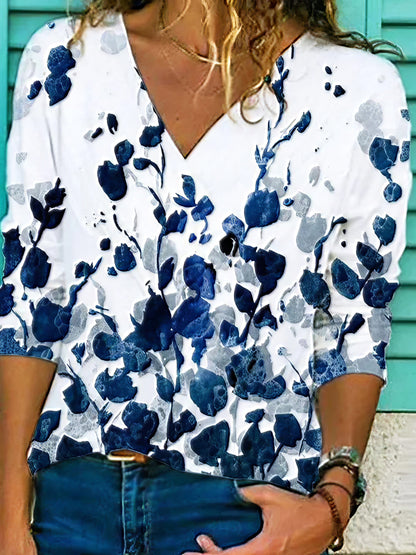 Floral Print 3/4 Sleeve V-neck Top