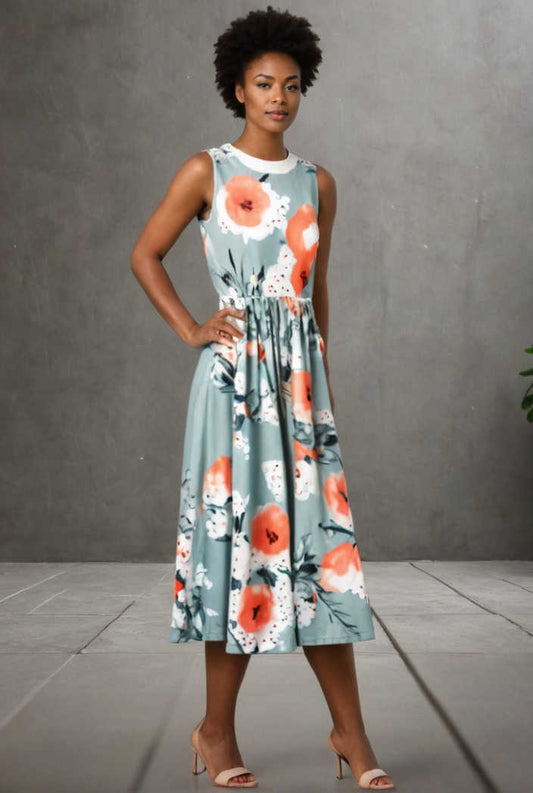 floral print sleeveless u neck dress with high waist 145377