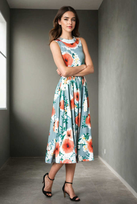 floral print sleeveless u neck dress with high waist 145374
