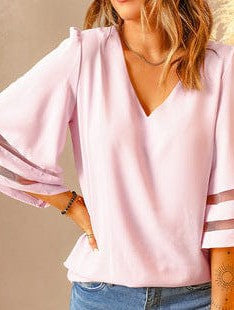 Flowy Trumpet Sleeve Chiffon Blouse with Pleated Details