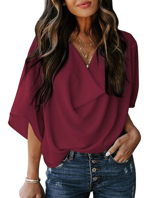 Flowy Trumpet Sleeve Chiffon Blouse with Pleated Details