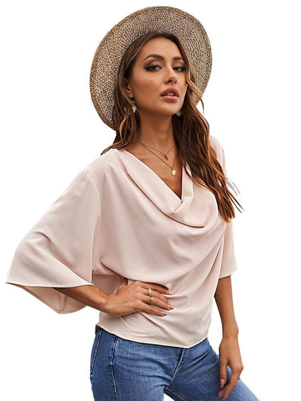 Flowy Trumpet Sleeve Chiffon Blouse with Pleated Details