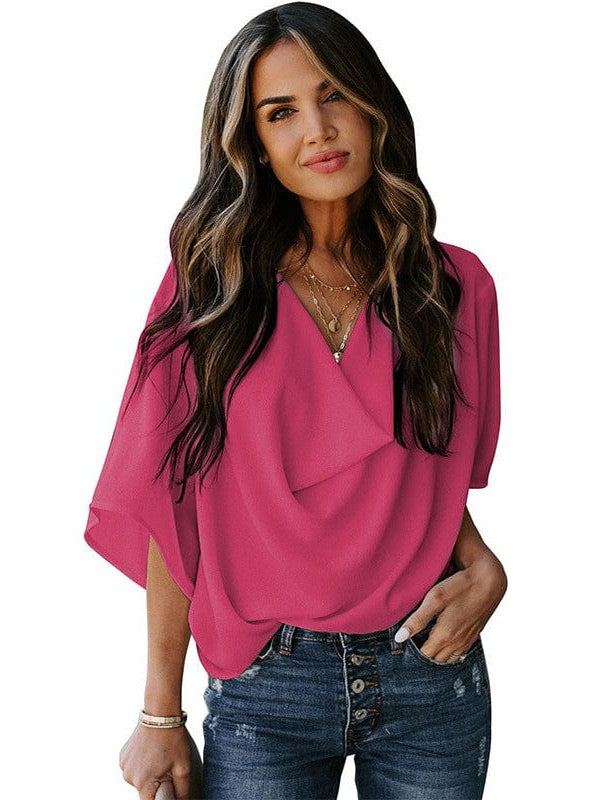 Flowy Trumpet Sleeve Chiffon Blouse with Pleated Details