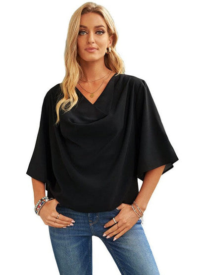 Flowy Trumpet Sleeve Chiffon Blouse with Pleated Details