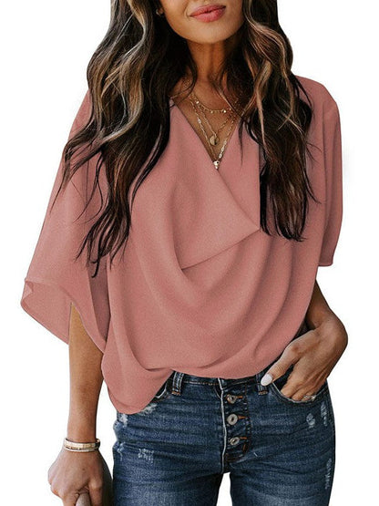 Flowy Trumpet Sleeve Chiffon Blouse with Pleated Details