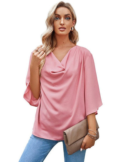 Flowy Trumpet Sleeve Chiffon Blouse with Pleated Details