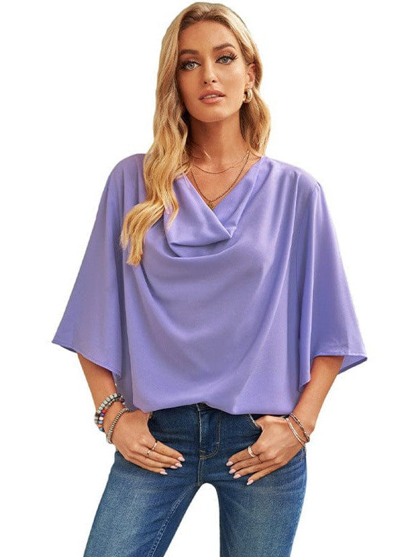 Flowy Trumpet Sleeve Chiffon Blouse with Pleated Details