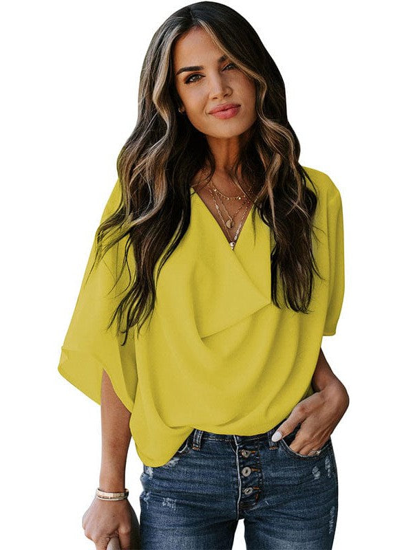 Flowy Trumpet Sleeve Chiffon Blouse with Pleated Details