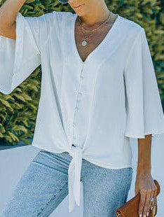 Flowy Trumpet Sleeve Chiffon Blouse with Pleated Details