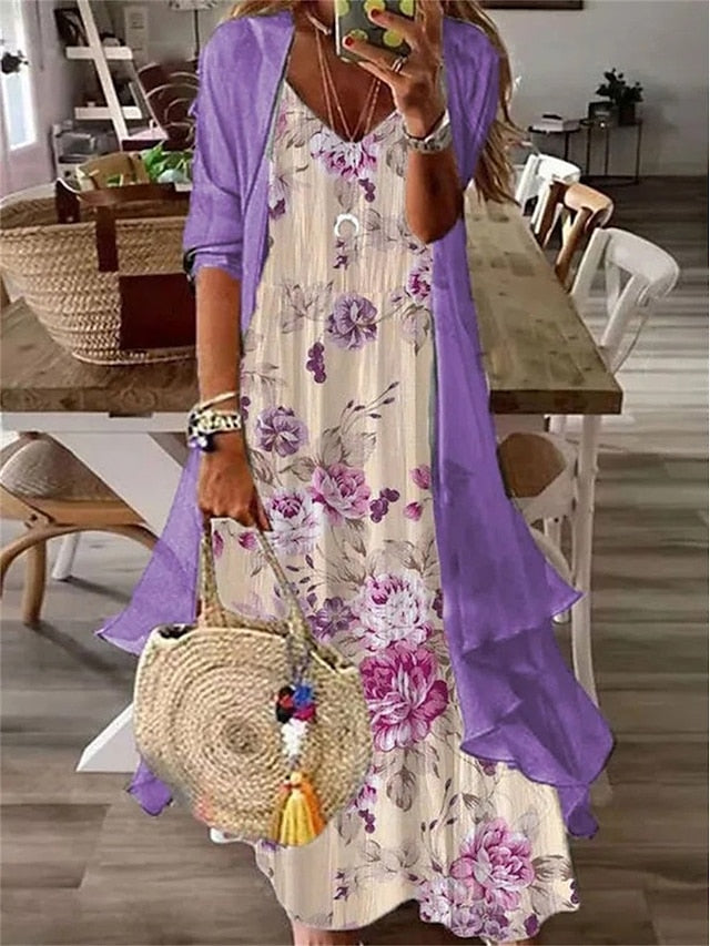 Women's Two Piece Dress Set Print Dress Daily Vacation Casual Print Maxi Dress V Neck 3/4 Length Sleeve Floral Loose Fit White Purple Green Summer Spring S M L XL XXL - LuckyFash™