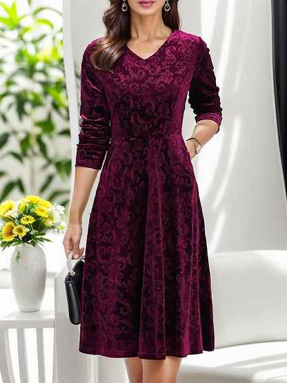 Women's Velvet Dress Casual Dress Swing Dress Midi Dress Pocket Daily Elegant Fashion V Neck Long Sleeve Black Wine Blue Color