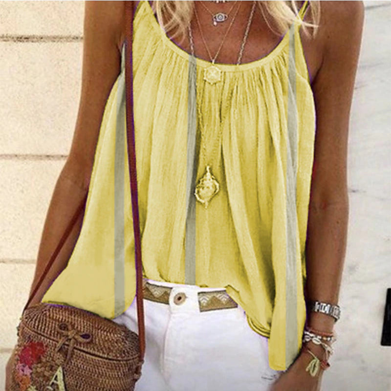 Women's Tank Top Camisole Summer Tops Yellow Pink Blue Stripes Pleated Holiday Boho Round Neck S