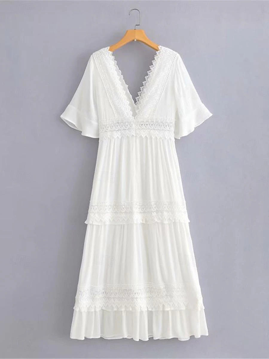 Women's Summer Dress Boho Wedding Guest Dress White Lace Wedding Dress Maxi Dress with Sleeve Vacation Elegant V Neck Half Sleeve White Color