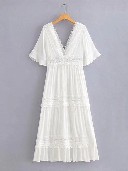 Women's Summer Dress Boho Wedding Guest Dress White Lace Wedding Dress Maxi Dress with Sleeve Vacation Elegant V Neck Half Sleeve White Color