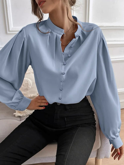 Women's Shirt Lantern Sleeve Blouse Plain Work Button Black Long Sleeve Daily Standing Collar Spring &  Fall