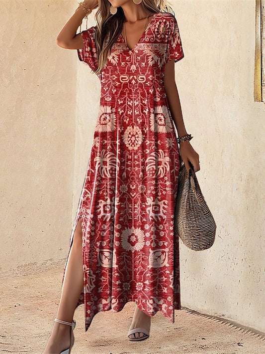 Women's Vintage Dress Casual Dress Split Print V Neck Long Dress Maxi Dress Vintage Ethnic Vacation Short Sleeve Summer