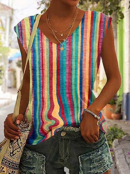 Women's Tank Top Striped Casual Print Yellow Sleeveless Basic Neon & Bright V Neck