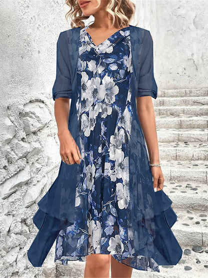 Women's Two Piece Dress Set Casual Dress Chiffon Dress Print Dress Outdoor Daily Fashion Modern Print Midi Dress V Neck Half Sleeve Floral Regular Fit Blue Summer Spring S M L XL XXL