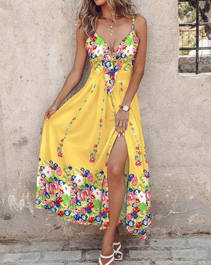 Women's Slip Dress Floral Print Split Thigh V Neck Long Dress Maxi Dress Daily Sleeveless Summer