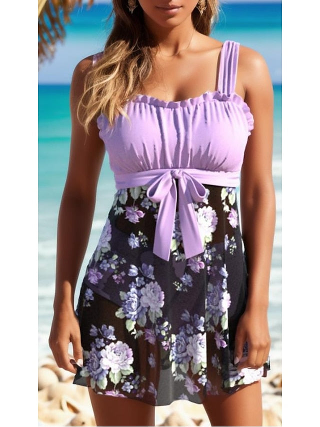 Women's Swimwear Swimdresses Plus Size Swimsuit 2 Piece Printing Floral Black Yellow Pink Dark Green Purple Bathing Suits Sports Beach Wear Summer - LuckyFash™