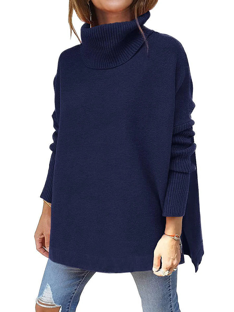 Women's Pullover Sweater Jumper Turtleneck Ribbed Knit Acrylic Patchwork Fall Winter Regular Daily Going out Weekend Stylish Casual Soft Long Sleeve Solid Color claret Olive Green Black S M L