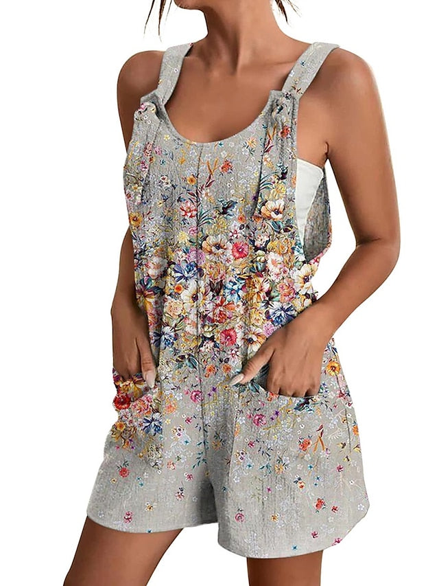 Womens Jumpsuits Casual Summer Overall Pocket Print Floral Crew Neck Streetwear Daily Vacation Regular Fit Sleeveless Black White Yellow S M L - LuckyFash™