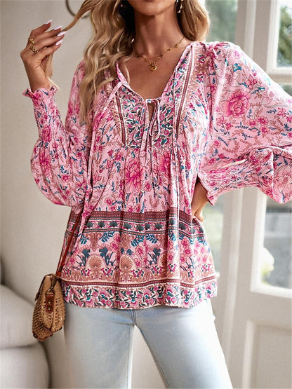 Women's Shirt Blouse Floral Vacation Beach Lace up Print Pink Long Sleeve Casual Boho V Neck Summer