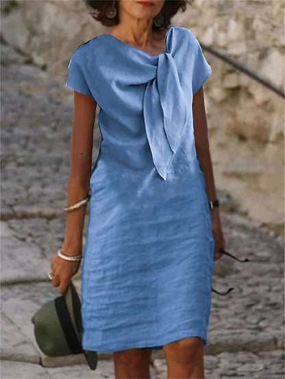 Women's Casual Dress Cotton Dress Shift Dress Midi Dress Cotton Blend Fashion Basic Outdoor Daily Vacation V Neck Lace up Short Sleeve Summer Spring 2023 Loose Fit Black White Blue Plain S M L XL 2XL - LuckyFash™