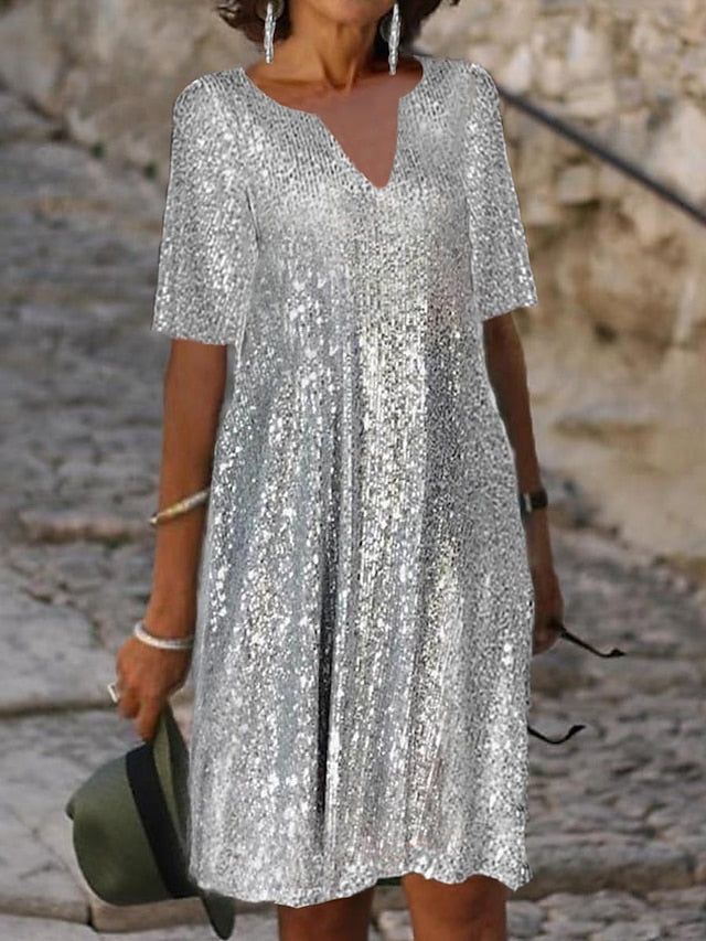 Women's Wedding Guest Dress Party Dress Sequin Dress Midi Dress Silver Short Sleeve Pure Color Sequins Summer Spring Split Neck Party Office Vacation Summer Dress S M L XL 2XL 3XL - LuckyFash™