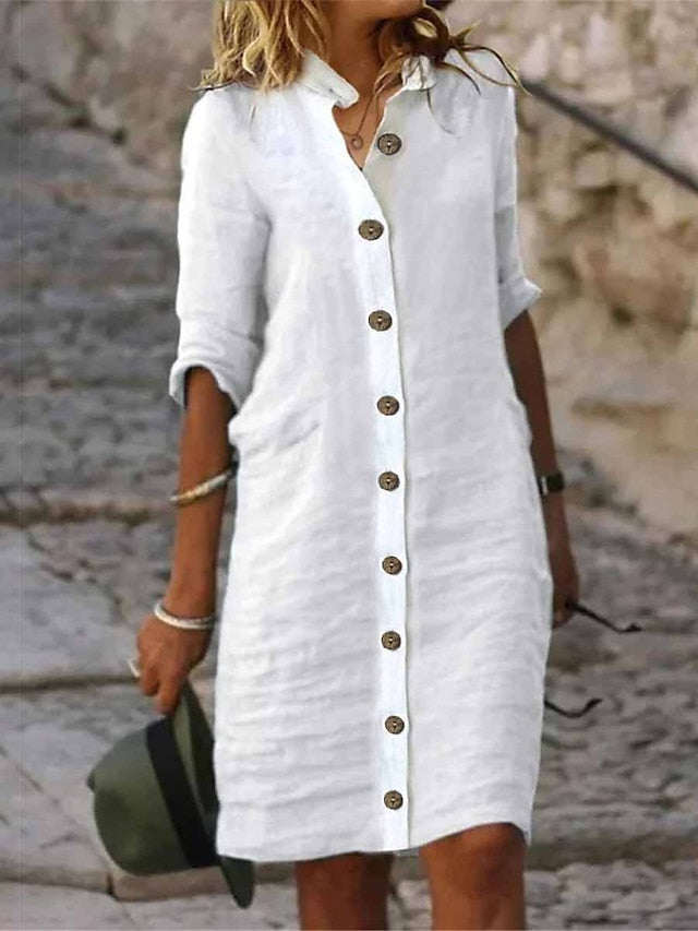 Women's Shirt Dress Casual Dress Cotton Linen Dress Midi Dress Cotton Blend Fashion Basic Outdoor Daily Shirt Collar Button Half Sleeve Summer Spring Fall 2023 Regular Fit Black White Green Plain S M - LuckyFash™