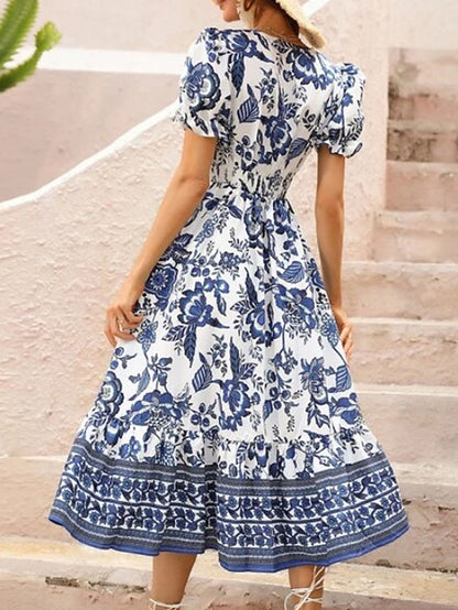 Women's Casual Dress Summer Dress Print Dress Floral Ruched Print V Neck Puff Sleeve Midi Dress Active Fashion Outdoor Street Short Sleeve Loose Fit Black Red Blue Summer Spring S M L XL XXL - LuckyFash™